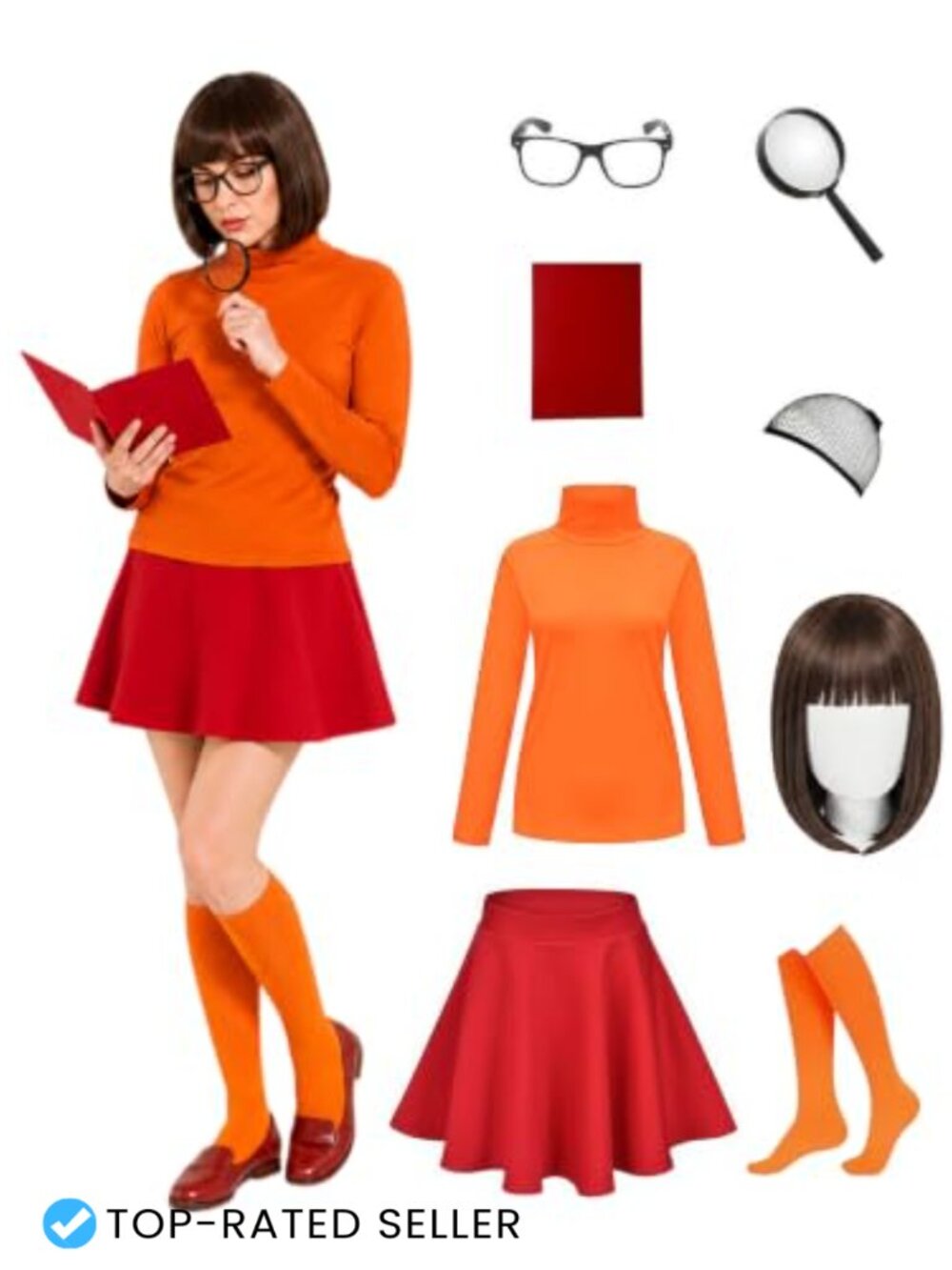 7Pc Women Detective Costume Set Turtleneck Top Skirt Wig Glasses Adult Halloween